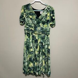 Julian Taylor New York Womens Dress 14 Green Yellow Snake Print V-Neck Fit Flare